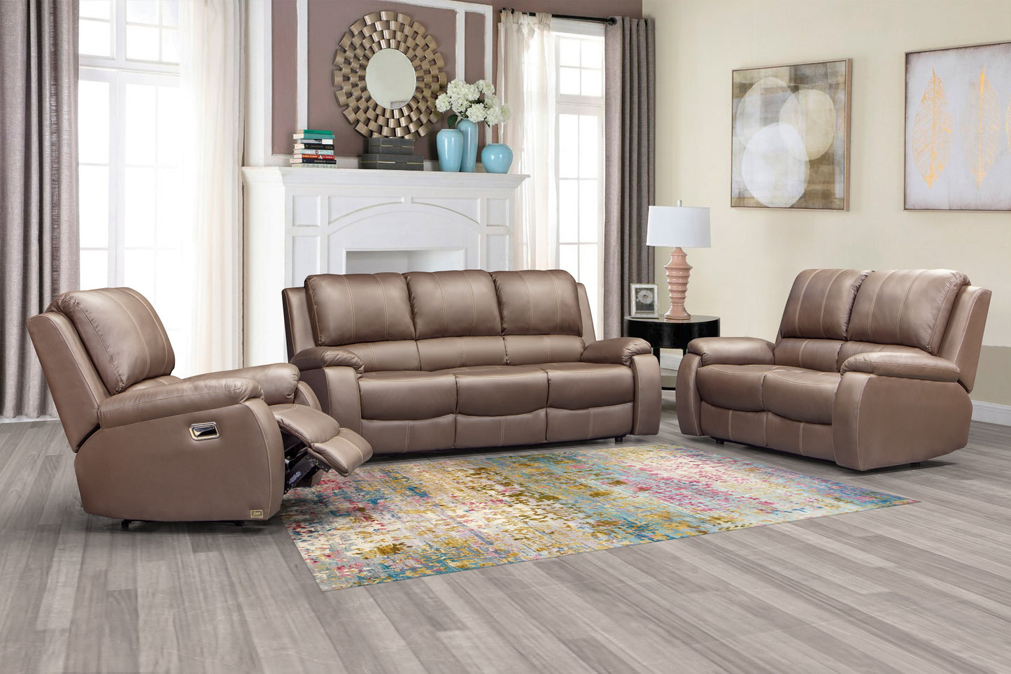A brown three-piece lounge suite consisting of a reclining lounge chair, a loveseat, and a chaise.