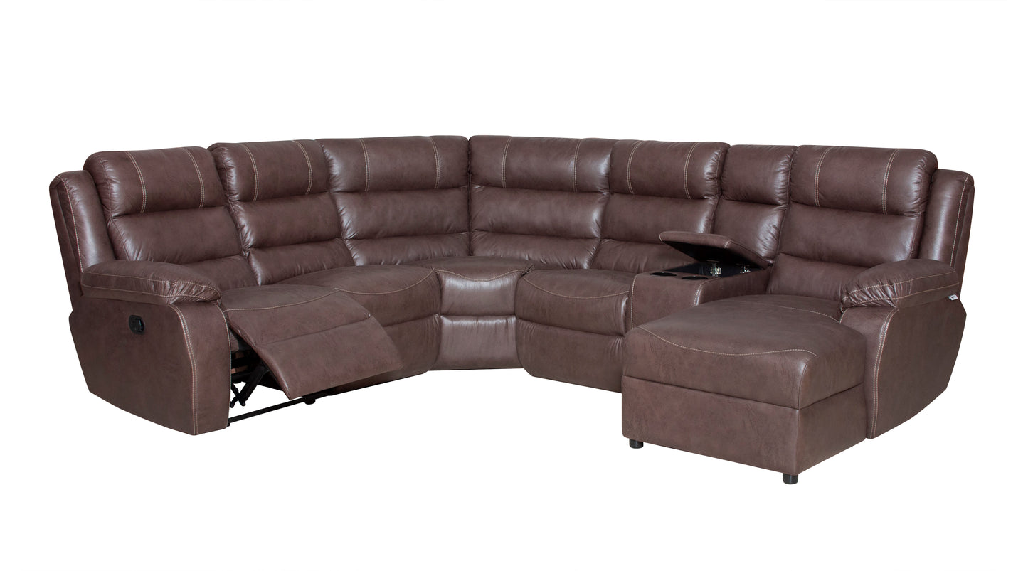 Brown leather sectional sofa with reclining seats on a white background.