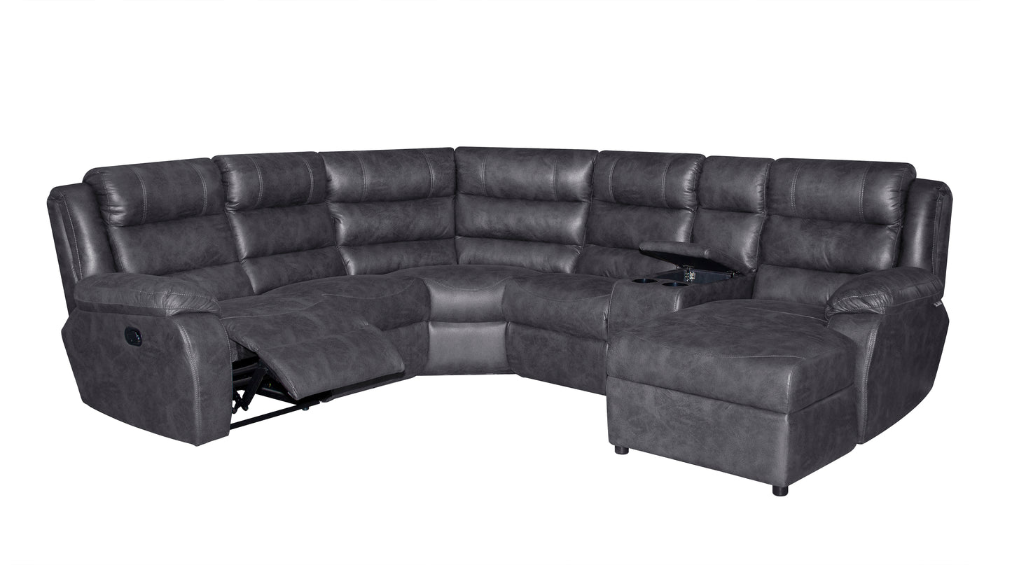 Gray sectional sofa with reclining seats on a white background.