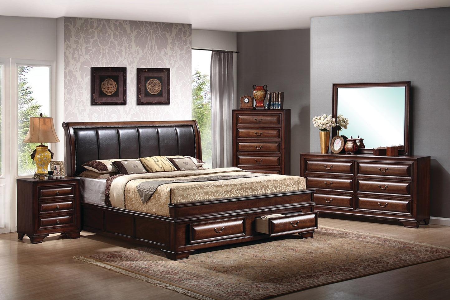 A traditional bedroom suite featuring a bed with a high headboard, a dresser with a mirror, a nightstand, and a bench, all in a wood finish.