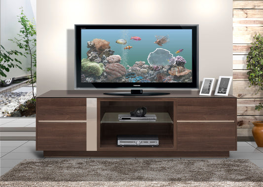 A brown wooden TV stand with multiple shelves, featuring a flat-screen TV on top displaying a colorful aquarium scene, and remote controls on the stand.