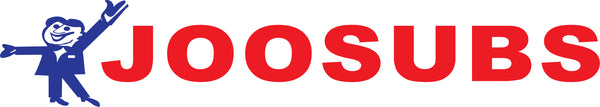 Joosubs logo in white background, red text and blue man