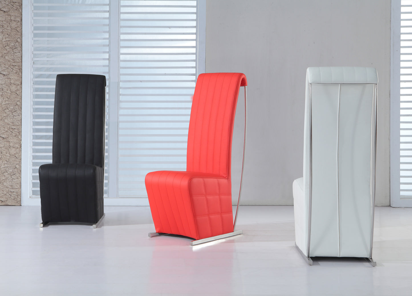 Three Lindsay Dining Chairs in black, red, and white colors positioned in a modern dining setting with a reflective floor and minimalist background.