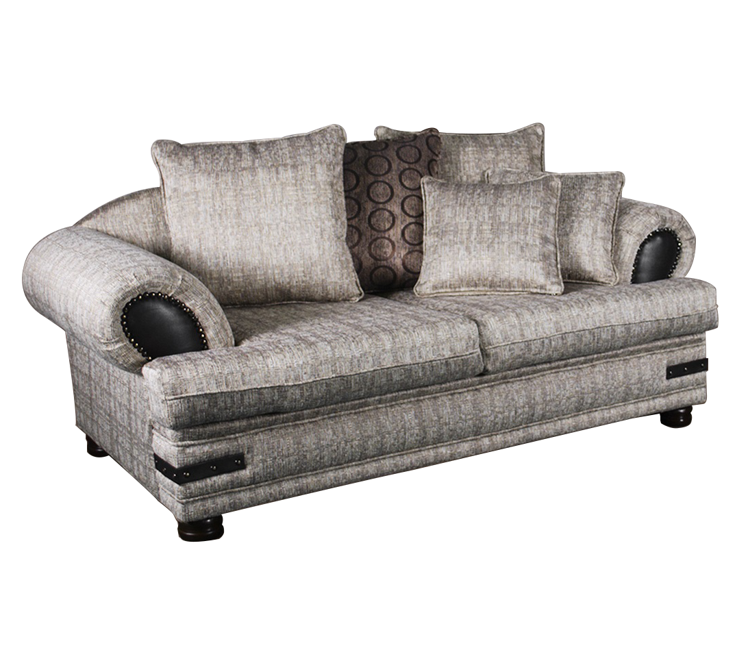 A two-divider couch with a patterned fabric, featuring gray and beige tones, with black accents and wooden legs.