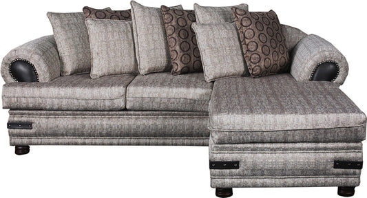 A two-piece daybed set with a chaise and cushioned topper, featuring a patterned fabric upholstery and multiple pillows.