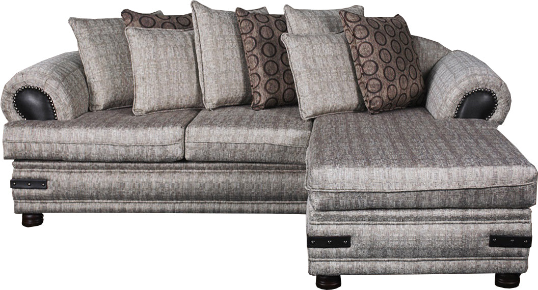 A two-piece daybed set with a chaise and cushioned topper, featuring a patterned fabric upholstery and multiple pillows.