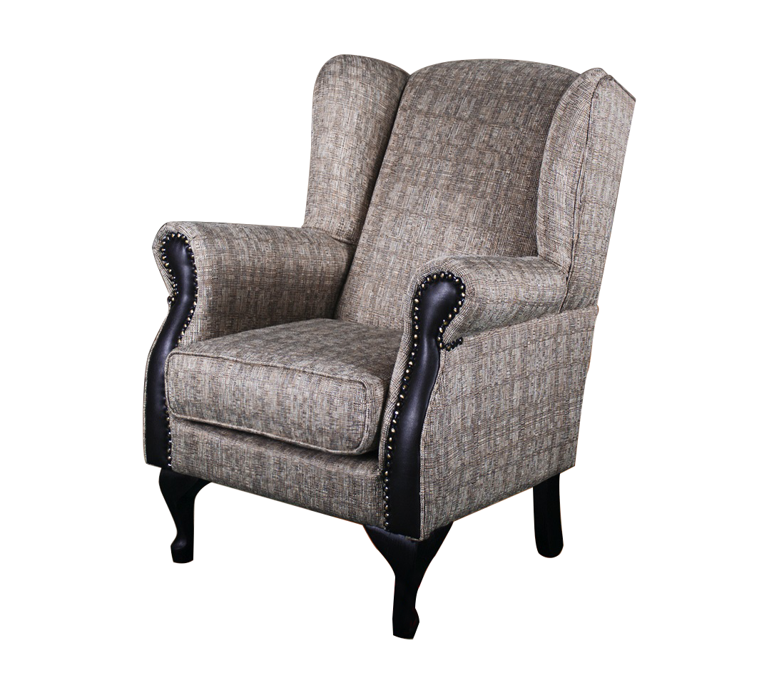 A traditional wingback chair with beige upholstery and black detailing, including nailhead trim and wooden legs with gold accents.