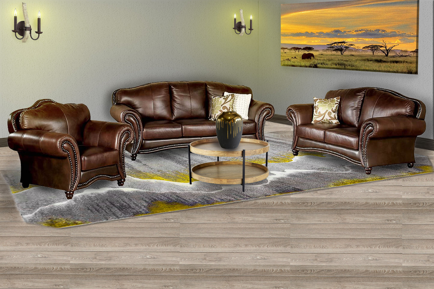 A brown leather 3-piece lounge suite consisting of two couches and a loveseat.