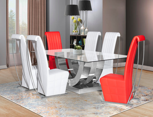A dining set with a clear glass top dining table and four white chairs, and two red chairs.