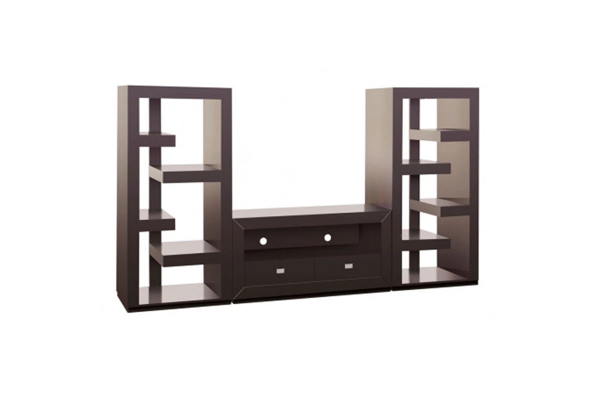 A brown wooden wall unit with multiple shelves and cabinets.