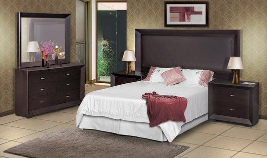 A bedroom suite consisting of a bed with a headboard, a dresser with a mirror, and two nightstands.