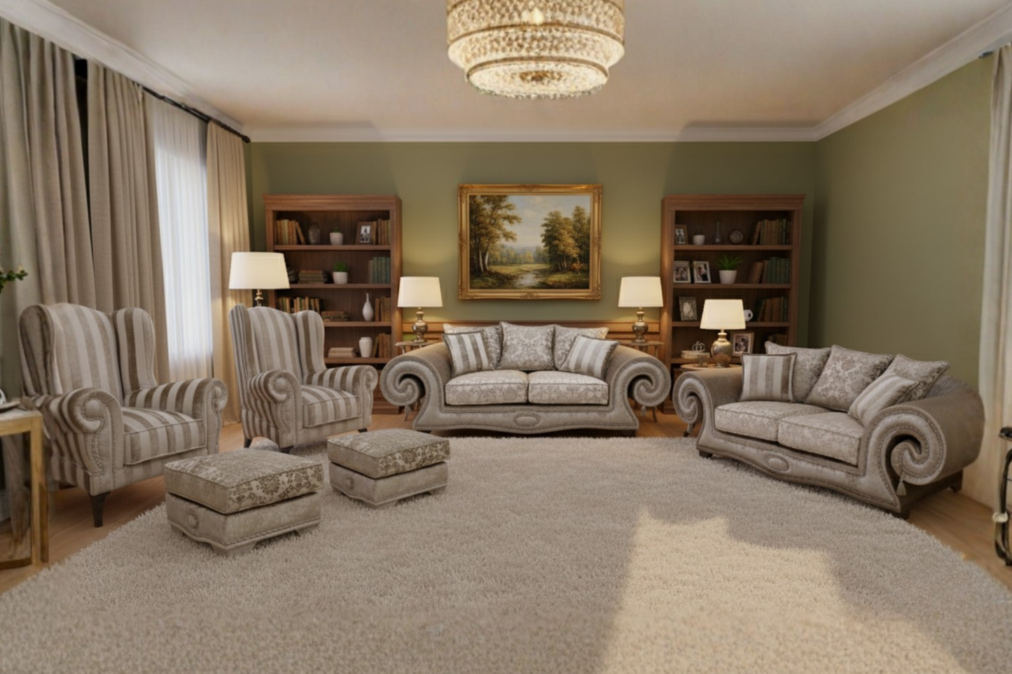 Living room with patterned furniture and decorative elements