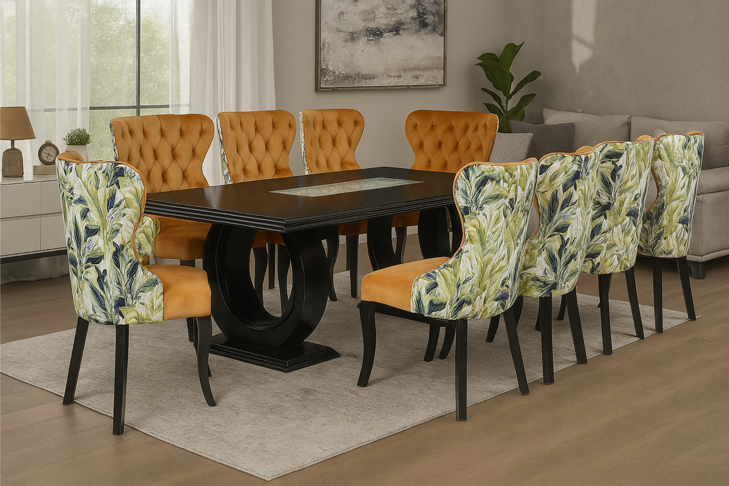 Dining room setup with a dark wooden table and chairs with leaf pattern and orange tufted backrests.