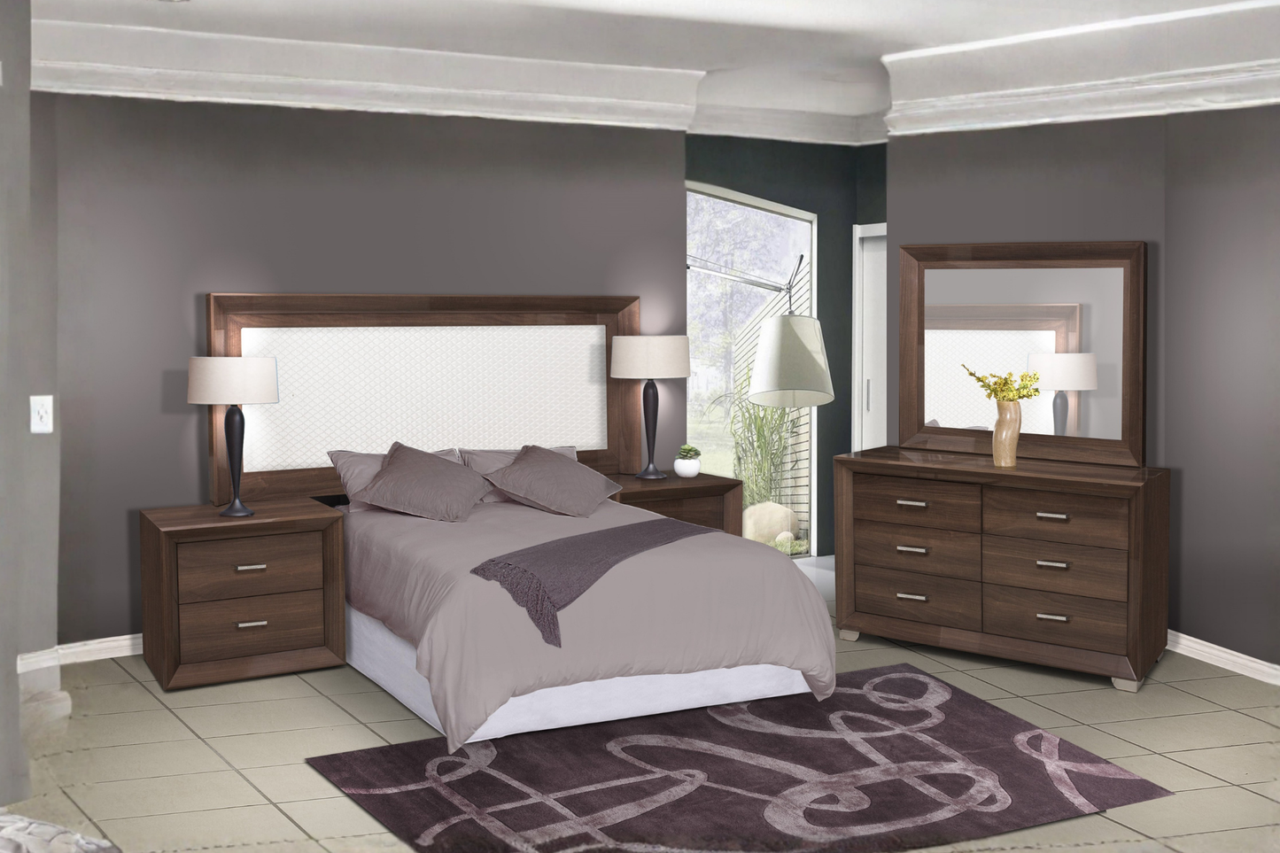 Bedroom set with bed, nightstands, dresser, and mirror in a room with gray walls and a rug.