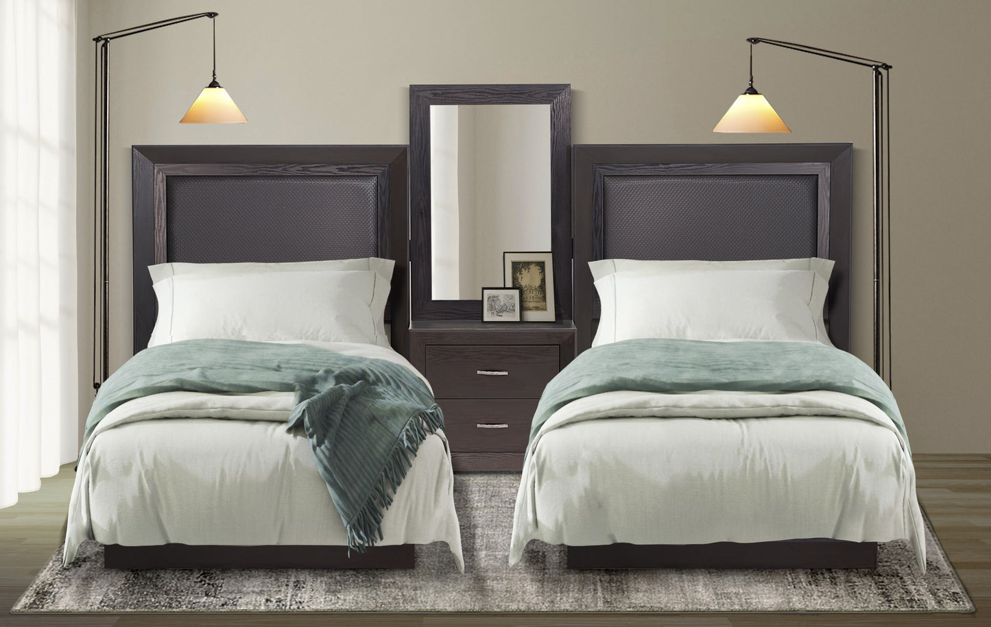 Two twin beds with headboards and pedestals in a room.