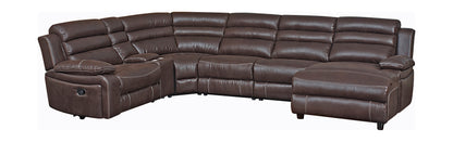 A brown bronco fabric upholstered 6 piece corner sectional sofa with a chaise on the left side and a right angle turn in the middle.