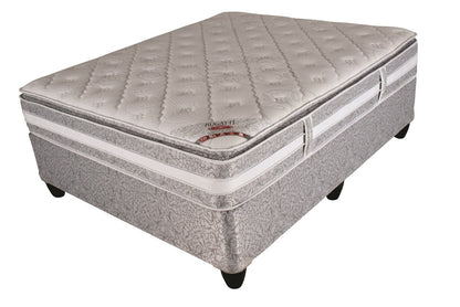 A queen-sized mattress with a pillow top and a patterned gray fabric cover, featuring a stainless steel base.