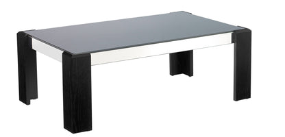 A black rectangular coffee table with a glass top and black legs.