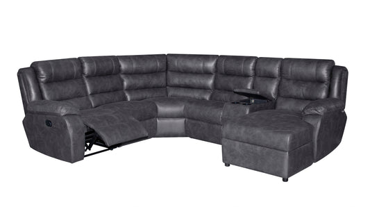 Gray sectional sofa with reclining seats on a white background. 