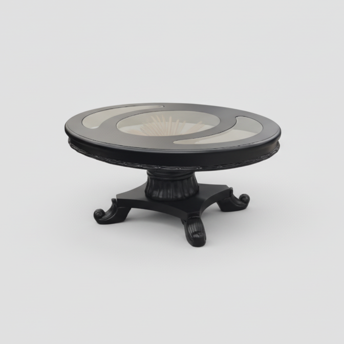 Round table with marble top and black base on a white background