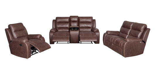 Brown leather reclining sofa set on a white background.
