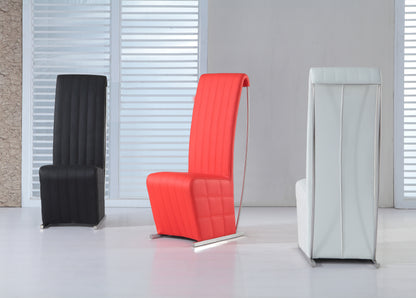 Three Lindsay Dining Chairs in black, red, and white colors positioned in a modern dining setting with a reflective floor and minimalist background.