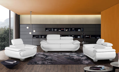 A modern 3 piece lounge suite consisting of a sofa and two armchairs, all in white leather. 