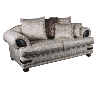 A two-divider couch with a patterned fabric, featuring gray and beige tones, with black accents and wooden legs.